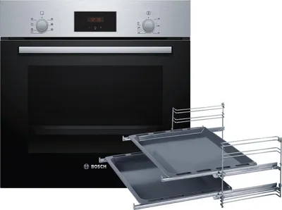 Produktbild von Bosch HBF133BR0ZA2 Set Backofen HBF133BR0 Edelstahl + 2-facher Teleskopauszug + 2 zusätzliche Backbleche