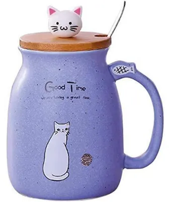 Image de Tasse à café en forme de chat avec couvercle et cuillère, 450 ml, en céramique, couleur violette