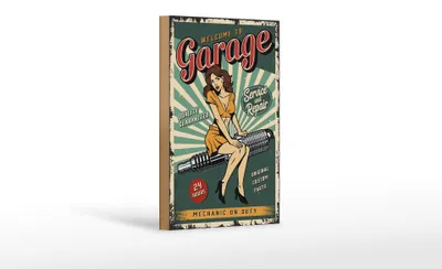 Produktbild von Holzschild Retro 12x18cm Pinup welcome Garage 24 service