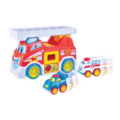 A set of toy emergency vehicles, including a fire truck, police car, and ambulance, arranged on a white background.