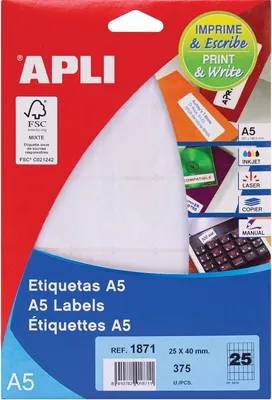Image de Étiquettes APLI A5 Print&Write 25 x 40 mm, blanches, 4 cm, 2,5 cm, 190 x 125 x 6 mm