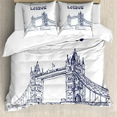 Produktbild von ABAKUHAUS London Bettbezug Set, Tower Bridge In London Britische Architektur Internationale Kultur Icon Illustration, 200 x 200 cm + 80 x 80 cm, Weiß Schwarz