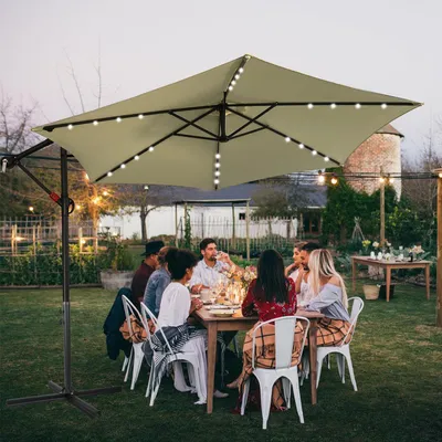 Immagine prodotto di Jiubiaz ombrellone Beige LED Solare Ø350cm ombrellone a sbalzo ombrellone da giardino ombrellone da mercato ombrellone a manovella balcone alluminio inclinabile
