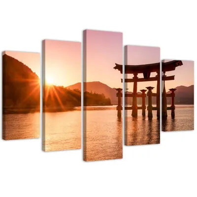 Produktbild von 5-teiliges leinwandbild landschaft in japan 100x70 cm Feeby orange wandbild bereit zum aufhängen