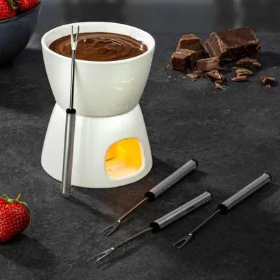 Produktbild von Bambelaa! Schokoladen Fondue Set Schokoladenfondue Schoko- und Käsefonude Käse- Schokofondue Klein Mini für Teelicht aus Keramik 4 Personen Weiß