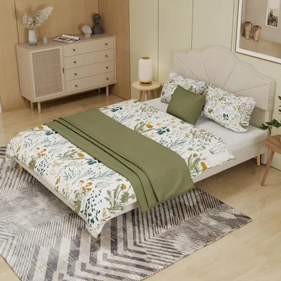 Produktbild von MODFU Jugendbett 160x200 multifunktionale Bettgestell mit Nägelbeschlag und Rippenbettgestell,Kinderbett ohne Gasstange und Matratze,Bettrahmen aus Hollandwollstoff,Beige