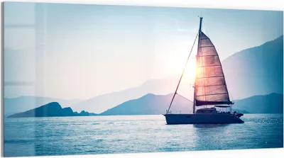Produktbild von DEQORI Glasbild Echtglas 100x50 cm 'Segelboot in Abendsonne' Wandbild Bild modern Deko