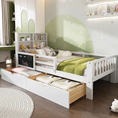 Produktbild von Merax Kinderbett 90x200cm mit Rausfallschutz und 2 Schubladen, Jugendbett mit Tafel und Regal, multifunktional Einzelbett Massivholzbett, Weiß