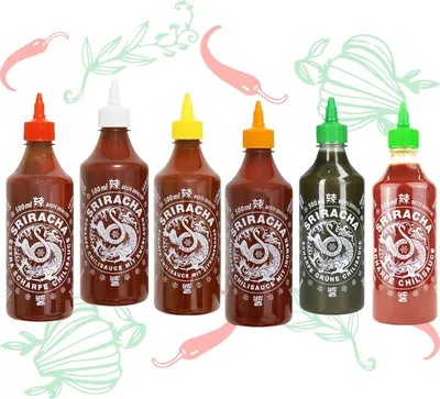 Produktbild von A-One Sriracha Sauce 6er Set x 500ml - Chilisauce mit 6 Geschmacksrichtungen - Klassik, Super Hot, Knoblauch, Zitronengras, Ingwer, Grün - Probierpack