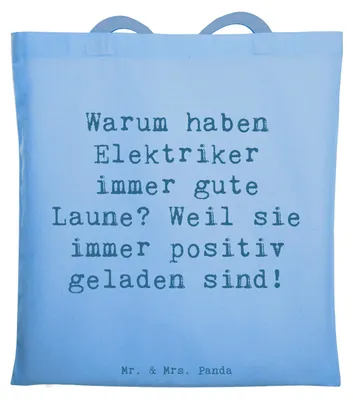 Produktbild von Mr. & Mrs. Panda Stoffbeutel Spruch Positiver Elektriker - Sky Blue - Geschenk, Elektroniker, Schultasche, Tote Bag, Laptoptasche, Elektromeister, Tasche, Uni, Beruf