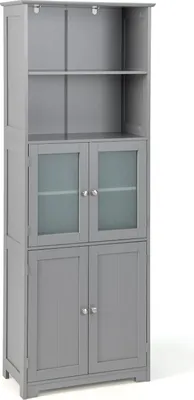 A tall, gray bathroom cabinet with glass doors on the top section and solid doors on the bottom section, shown against a white background.