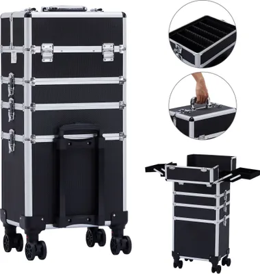 Produktbild von AREBOS Kosmetický kufřík 4 v 1, 4 přihrádky a 1 zásuvka, teleskopická a přenosná rukojeť, 8 zámků, 4x 360° kolečka se sametovou podšívkou na kolečkách
