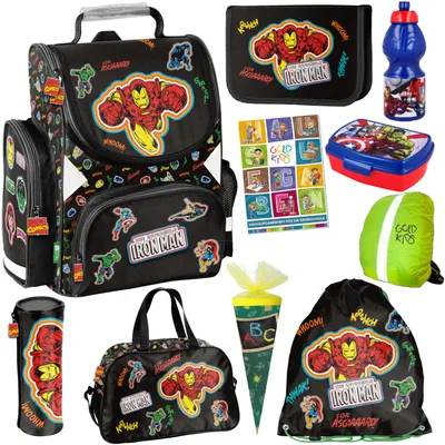 Produktbild von 10er Set Avengers Marvel Schulranzen ergonomischer Ranzen Federmappe Trinkflasche Brotdose Sporttasche Zuckertüte Aufgabenheft für die Grundschule.