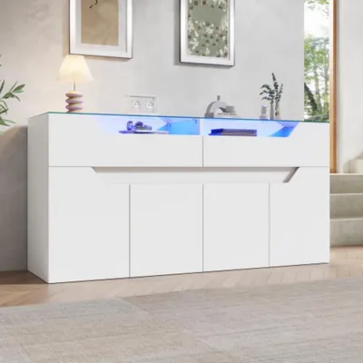 Produktbild von Sideboard mit gehärteter Glasplatte,Kommode mit 2 Schubladen, Aufbewahrungsschrank für Esszimmer & Wohnzimmer