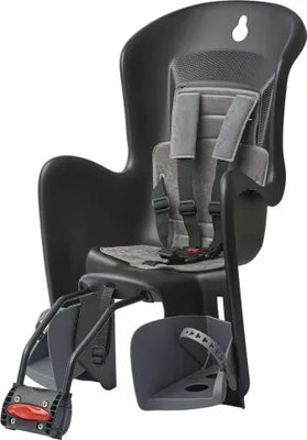 A black and gray child bicycle seat is shown against a white background.