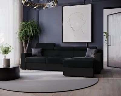 Produktbild von GOLDSTOFF DIWIA Ecksofa 202 x 130 cm mit Schlaffunktion & Bettkasten – Schlafsofa L-Form mit Kopfstützen Stauraum (schwarz+schwarz)