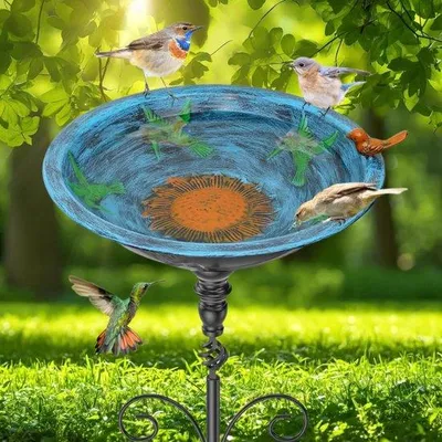 Image de Bain d'oiseaux en métal pour le jardin, bain d'oiseaux sur pied, abreuvoir en fonte, abreuvoir pour oiseaux sauvages (bleu rétro)