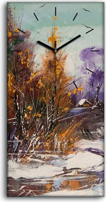 Produktbild von Küchenuhr Bürouhr Leinwand Uhr 30x60 Gemälde Winter Schnee Bäume Hütten Fluss - schwarze Hände