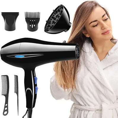 Produktbild von 2200W Profi Fön Haarfön Haartrockner Haarföhn 3 Stufen Stylingdüse Schwarz Profi Fön mit Stylingdüsen und Diffusorr
