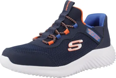 A single navy blue Skechers sneaker with orange and blue accents is shown against a white background.