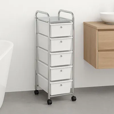 Produktbild von Rollcontainer GINA, chrom/weiß - Rollwagen mit 5 transparenten Schubladen, chromfarbenes Metallgestell auf Rollen, Friseurwagen, Badezimmerschrank, Kosmetik Aufbewahrung