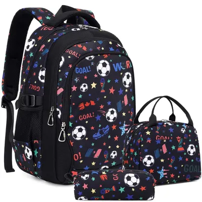 Immagine prodotto di Zaino per bambini, modello zaino da scuola, 3 pezzi, ergonomico, zaino da giorno, adatto per scuola, viaggi, sport, calcio giovanile, colore nero