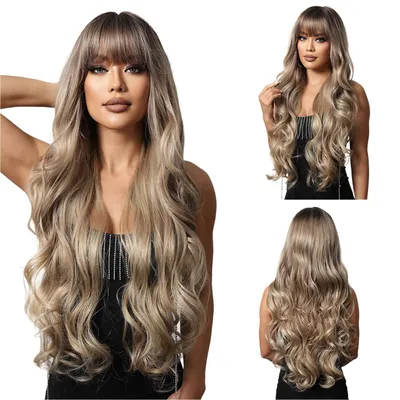 Produktbild von 75cm Natürliche Lange Gewellt Lockig Wellig mit Pony, Ombre Haar Synthetische Perücken für Frauen,Braun