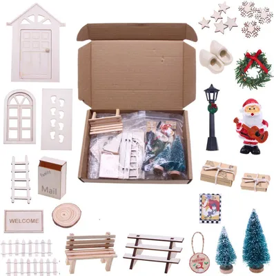 Produktbild von （A）Wichteltür Zubehör Weihnachten Set - Weihnachtswichtel Tür Komplettset mit Licht, Holz Elfentür für Feentür Dänische Weihnachtsdeko, Weihnachtsdeko für Kinder und Geschenke