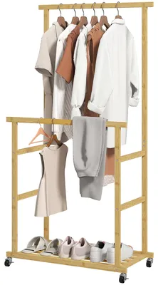 Produktbild von Rollbarer Kleiderst?nder, doppelter Bambus-Kleiderst?nder mit unterer Ablage, 80 x 40 x 160 cm, Naturholz