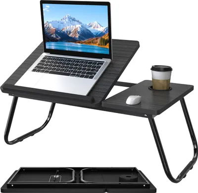 Obrázek produktu pro XMTECH Skládací stolek na notebook s 5krokovým náklonem a držákem na nápoje - skládací stolek na notebook k posteli a na pohovku, přenosný stolek na čtení, práci a snídani, černý