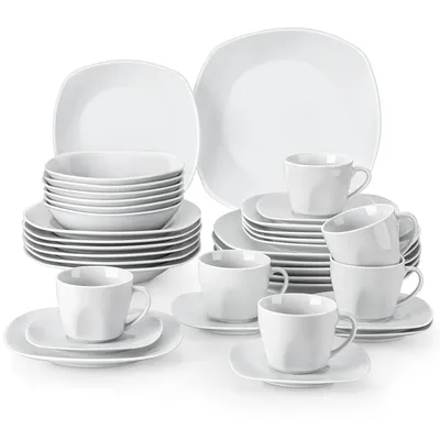 Produktbild von 36-tlg. Kombiservice aus Porzellan, Tafelservice mit Tellerset, Kaffeeservice, Müslischalen für 6 Personen, grauweiß