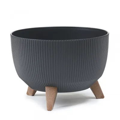 Image de Pot de fleurs sur pieds avec bac intérieur, plastique recyclé et bois, Ø 33 cm, anthracite