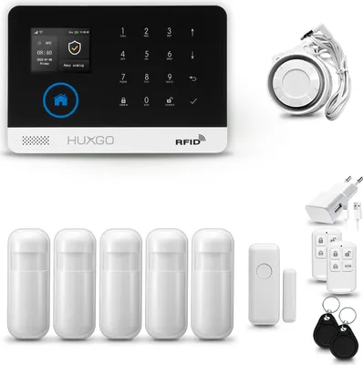 Immagine prodotto di HUXGO HXA003 Sistema di allarme casa WiFi + GSM 4G LTE con sirena, sistema di allarme con 5x sensori di movimento e 1x sensore porta-finestra, sistema di allarme per appartamento, casa, garage, App Tuya Smartlife