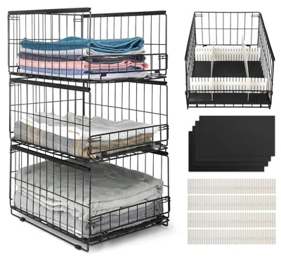 3er Set stapelbare Aufbewahrungsboxen, Edelstahl, schwarz, 41x31x85,5 cm