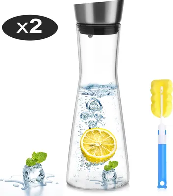 Produktbild von 2 x 950ML Glaskaraffe - Wasserkaraffe mit Edelstahl Deckel - Karaffe aus Glas - Glaskanne Geschenk als Wasserkrug und Wein Dekanter Krug - Geburtstagsgeschenk für mama-Glas Wasserflasche