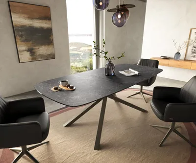 Produktbild von DELIFE Esstisch Edge Boot 180-220x100 cm Keramik Laminam® Nero Greco Anthrazit Kreuzgestell Rechteck Effektfinish Titan ausziehbar