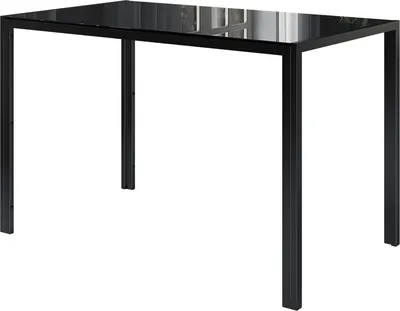 A black glass-top dining table with black metal legs, shown from a front-side angle against a white background.