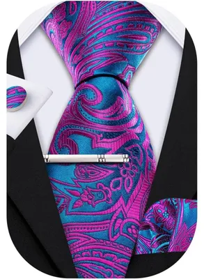 Produktbild von Herren Krawatten Set Seide Florales Paisley Blaugrün Violett mit Einstecktuch Manschettenknöpfen Krawattenklammer