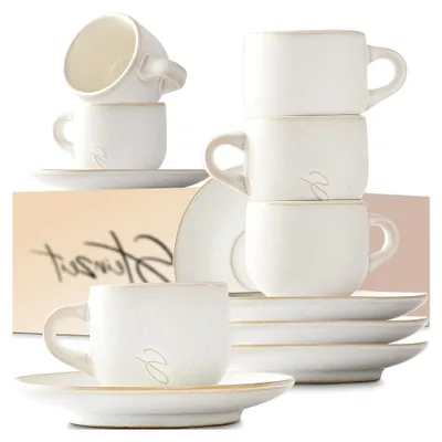 Produktbild von Espressotassen-Set (6x80ml) mit passenden Untertassen - handgefertigte Mokkatassen in Weiß - stapelbar