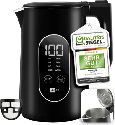 Produktbild von Aqa Elite Wasserkocher Edelstahl Schwarz, ohne Plastik im Wasserbereich, Temperaturkontrolle, Warmhaltefunktion, Cool-Touch