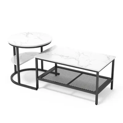 Produktbild von Fortuna Lai 2er Couchtisch Set, Marmoroptik mit Ablage & Metallrahmen, Weiß + Schwarz