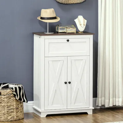 Produktbild von Anrichte im Landhausstil Kommode Weiß 60x30x87,5 cm Sideboard aus Holzwerkstoff mit 2 Türen und 1 Schublade, Beistellschrank für Wohnzimmer Flur Küche