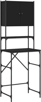 A black metal desk with a cabinet and shelves above, shown against a white background.