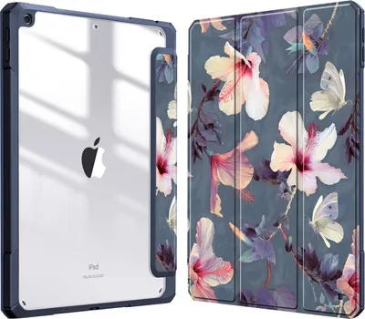 Produktbild von Fintie Hybrid Hülle für 10.2 Zoll iPad 9. Generation 2021/8. Gen 2020/7. Gen 2019 mit Stifthalter - Stoßfeste Schutzhülle mit transparenter Hartschale auf der Rückseite, Hibiskus