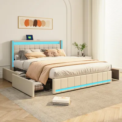 Image de Lit capitonné INONEFT 140x200 cm avec 4 tiroirs, lit pour adolescents/couple avec ports USB/Type-C et éclairage LED, lit coffre en bois massif avec sommier à lattes, en lin, couleur beige