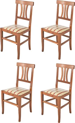 Four wooden chairs with striped seats are arranged in a grid on a white background.