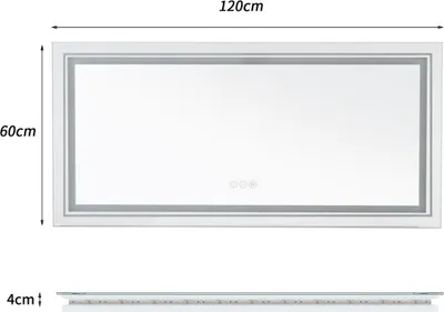 A product shot of a rectangular LED mirror with dimensions indicated.
