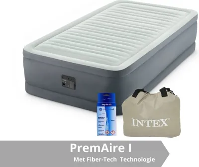 Zdjęcie produktu dla Intex PremAire I - Materac powietrzny - Pojedynczy - Z zestawem naprawczym i wbudowaną pompką -191x99x46 cm - PVC - Szary