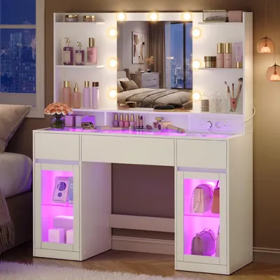 Obrázek produktu pro VASAGLE Toaletní stolek se zrcadlem, RGB osvětlením, zásuvkou a 2 skříňkami, rozměry 107 x 40 x 144,5 cm, bílá barva