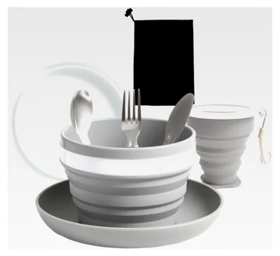 Produktbild von Faltbares 6-teiliges Camping-Geschirrset mit Edelstahl-Besteck, Becher, Schüssel, Teller und Netzbeutel – geeignet für Reisen, Camping, Picknick und Outdoor-Aktivitäten